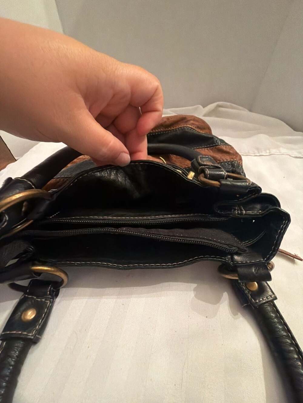 D&G Dolce & Gabbana Striped Leather Hobo Handbag Black Brown - Picture 3 of 5